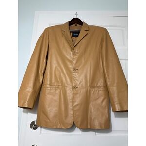 Men's Genuine Leather Blazer Jacket Tan Button Front Classic Style Medium